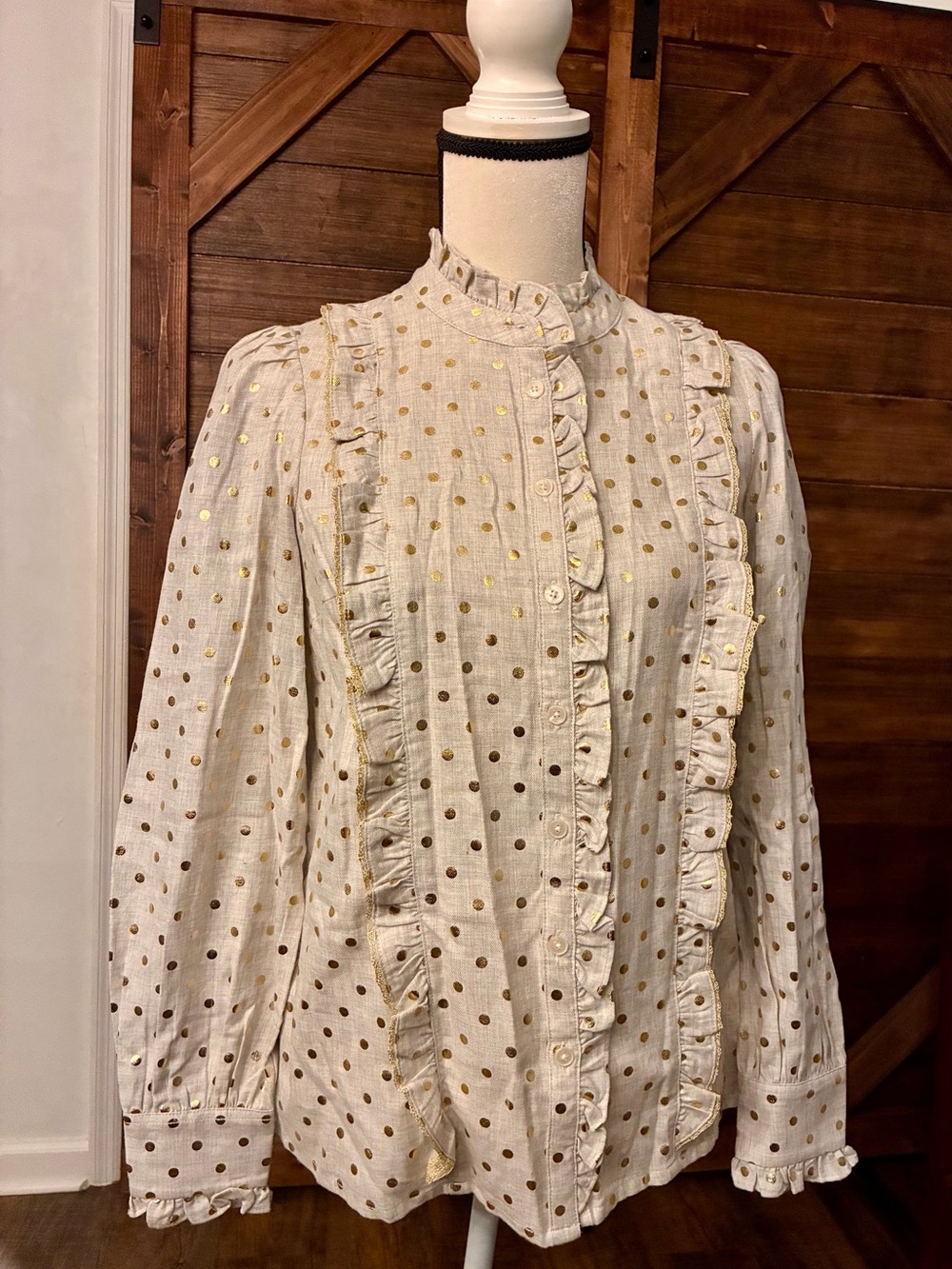 Boden Cream Top with Gold Polka Dots and Pink Ribbon Trim